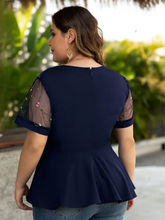 Plus Size Embroidery Zip Design Mesh Short Sleeve Blouse